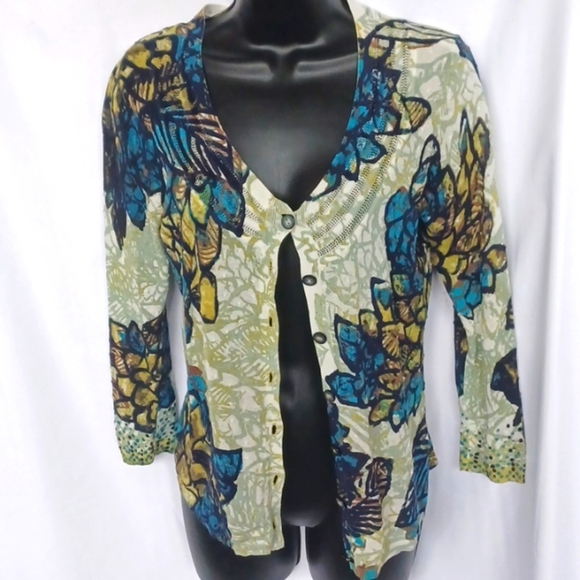 NIC+ZOE Floral Cardigan Sweater Leaf Lightweight Cotton Knit Blue Green Ivory - Picture 1 of 6